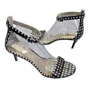 Ann Taylor Black White Leather Embossed Geometric Strap Sandals Date Night